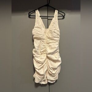 PrettyLittleThing -  White Ruched Frill Hem Bodycon Dress (Size 8)